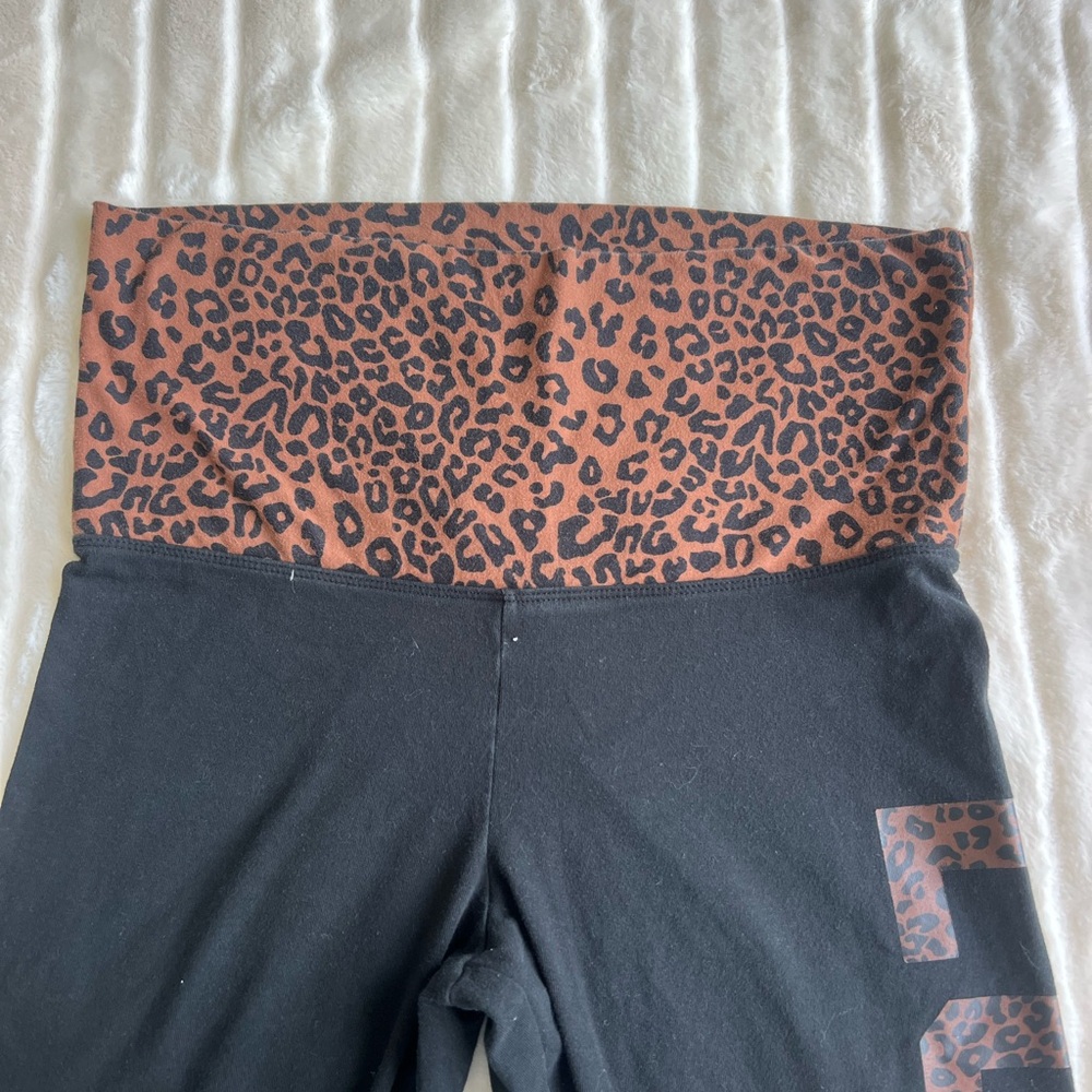 PINK Victoria's Secret Black and Brown Leggings with Leopard Print Waistband